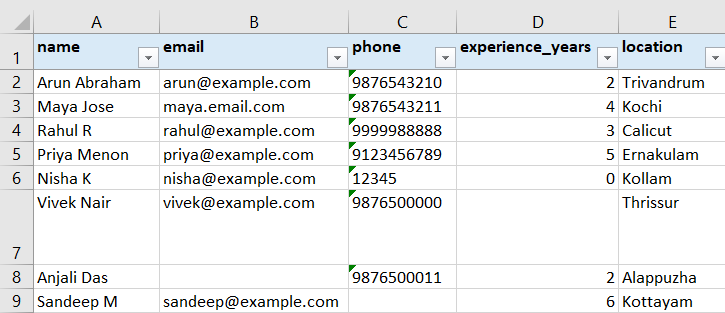 Cleaned candidate data sheet after cleanup